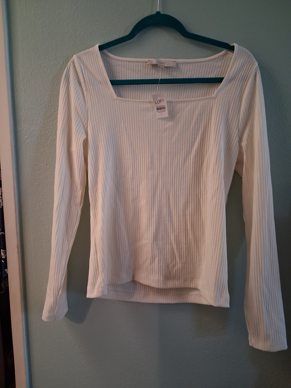 LOFT Cream Ribbed Square-Neck Long Sleeve Tee